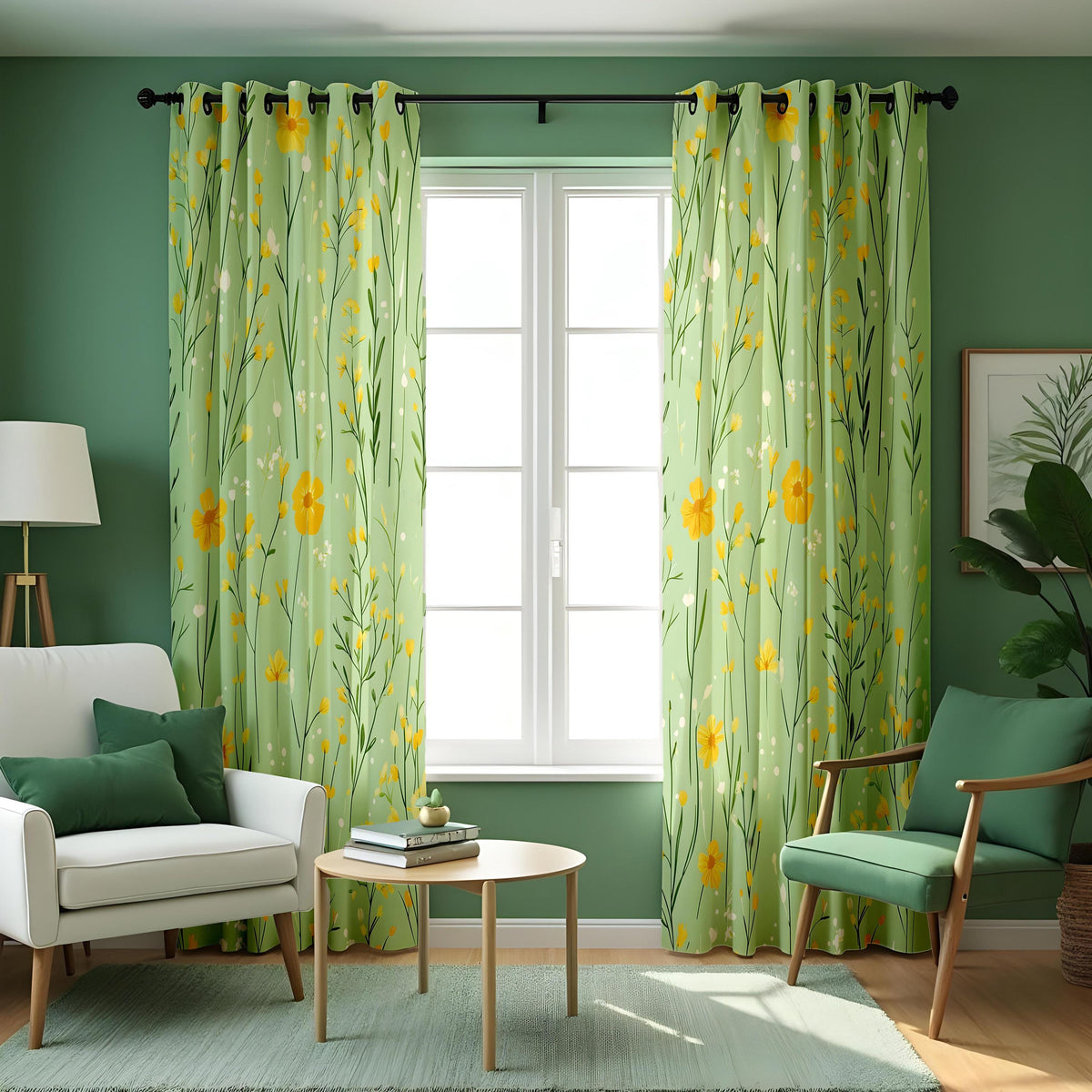 Light Green Meadow Curtains, Yellow Wildflower Drapes