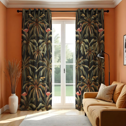 Dark Tropical Flamingo Curtains, Palm Tree Jungle Drapes