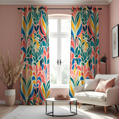 Colorful Abstract Leaf Curtains, Retro Botanical Drapes