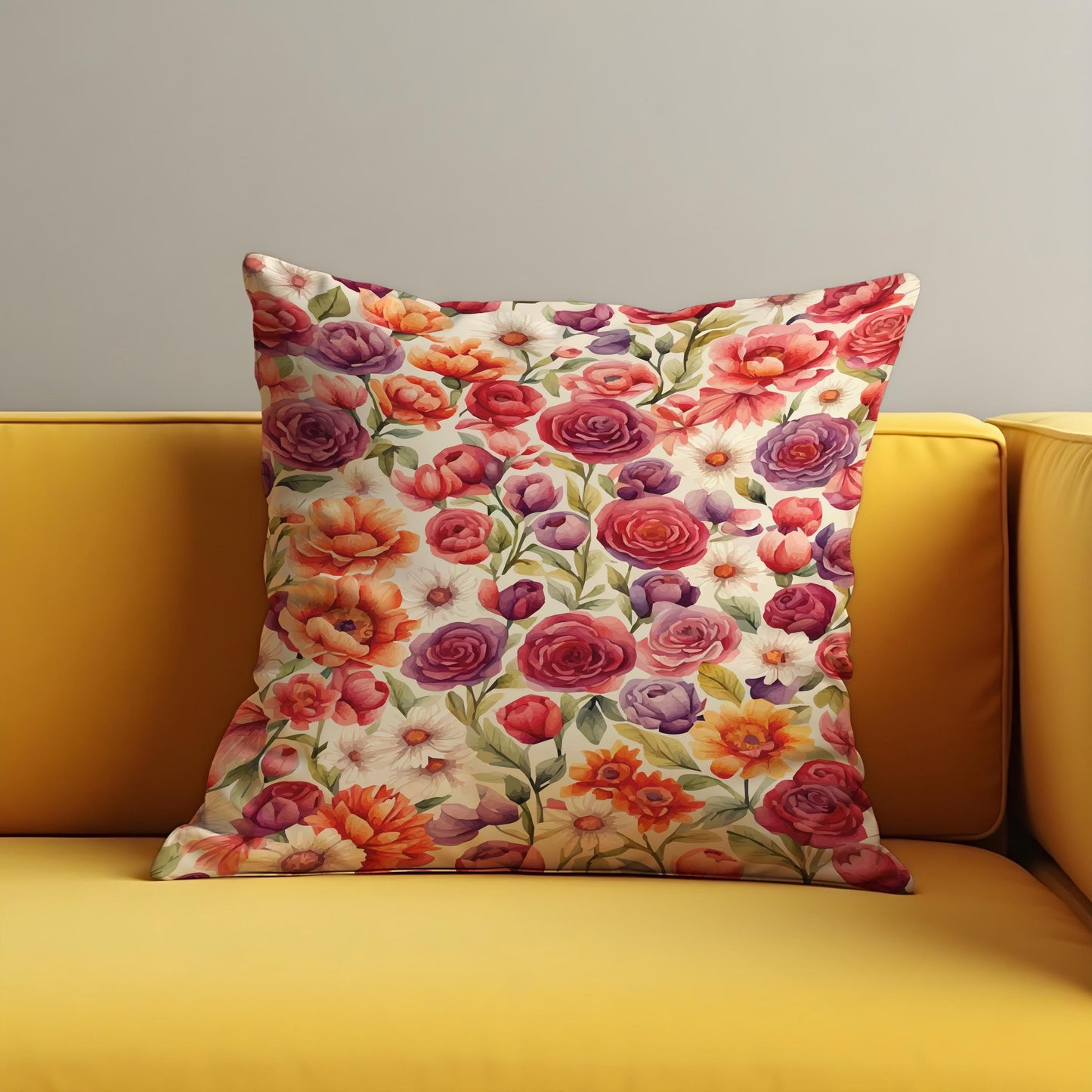 Colorful Garden Floral Cushion Cover, Purple & Orange Flowers Pillow Case