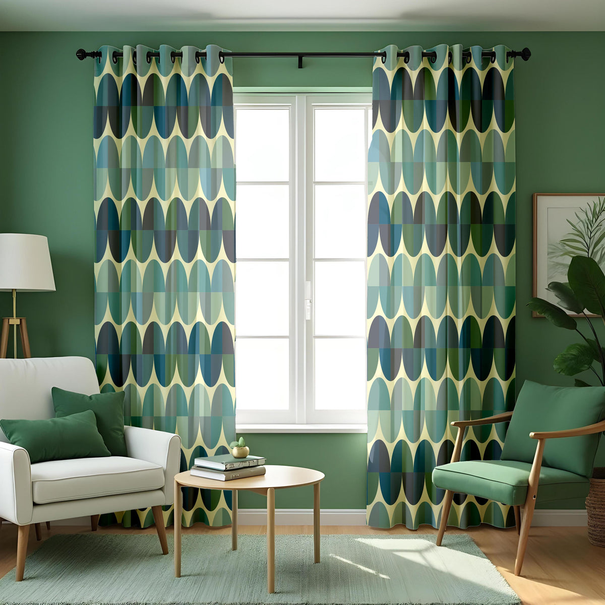 Teal & Olive Retro Oval Curtains, Mid Century Drapes