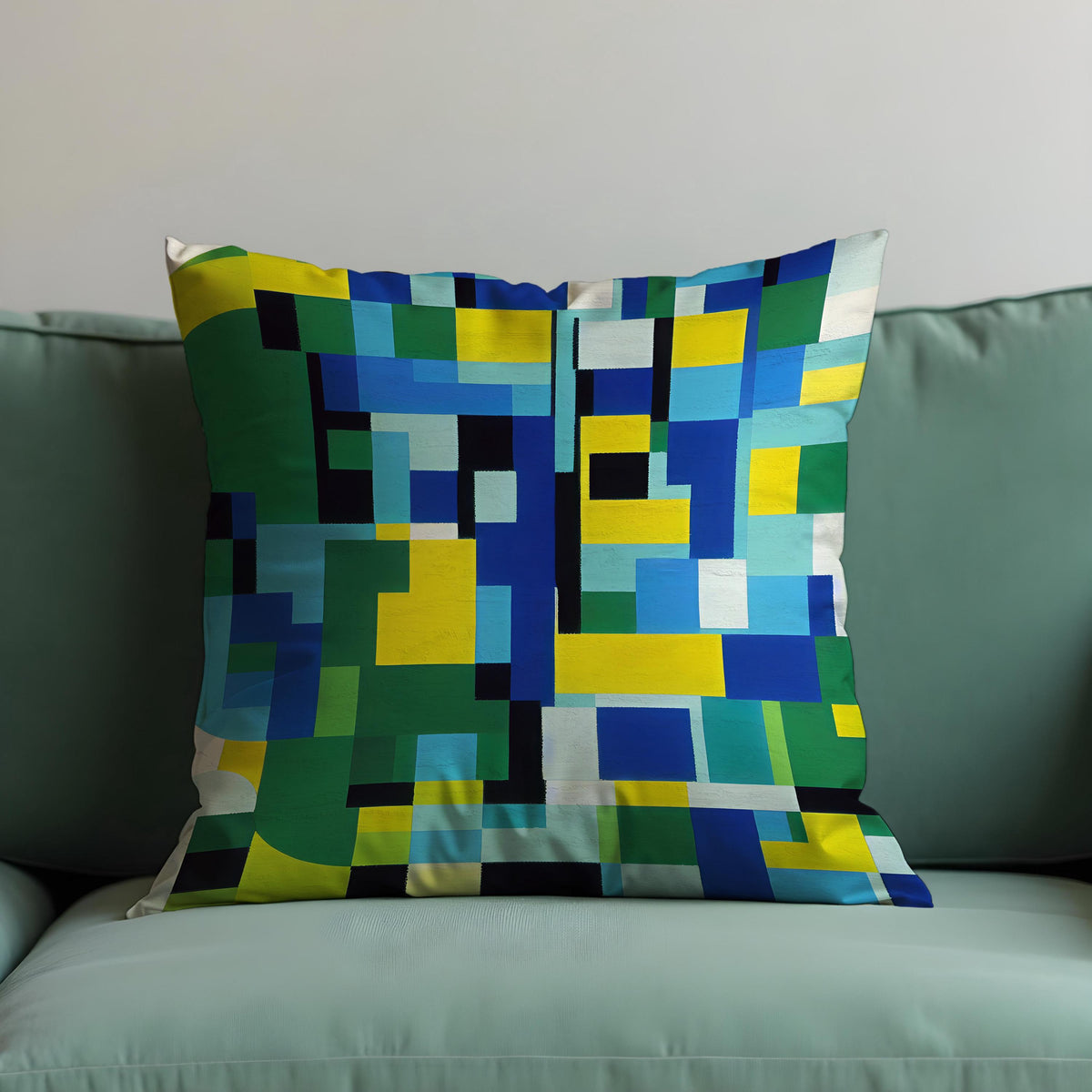 Pixel Art Cushion Cover, Blue Green Grid Pillow Case