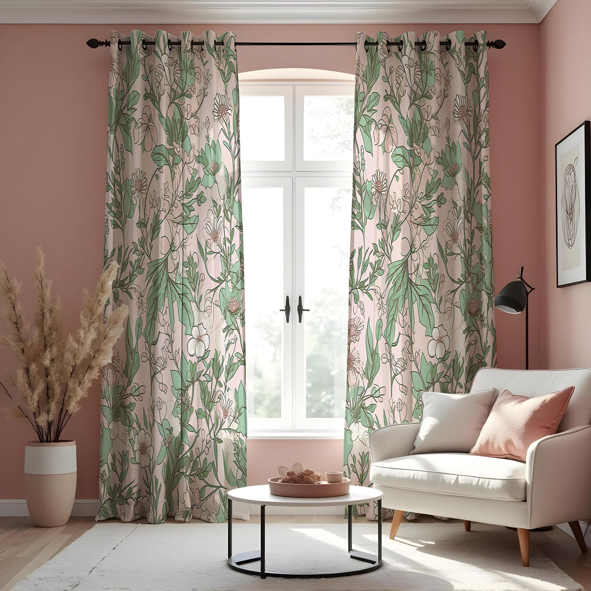 Green & Beige Botanical Line Art Curtains, Leaf Print Drapes