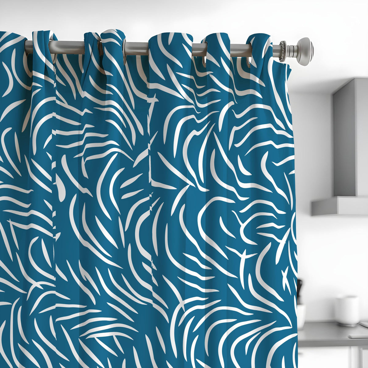 Teal Blue & White Abstract Curtains, Modern Pattern Drapes
