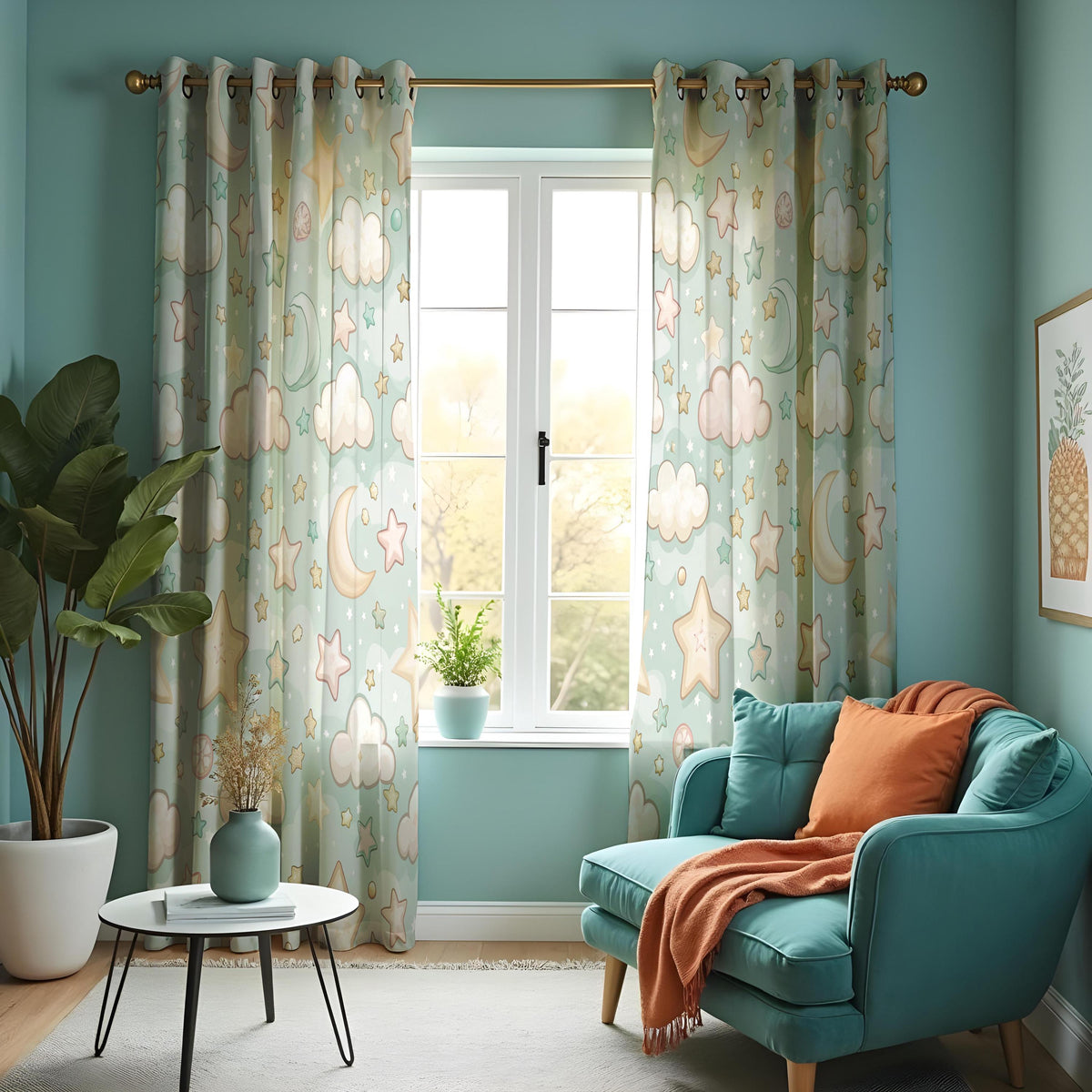 Moon and Stars Nursery Curtains, Cloud Print Kids Drapes