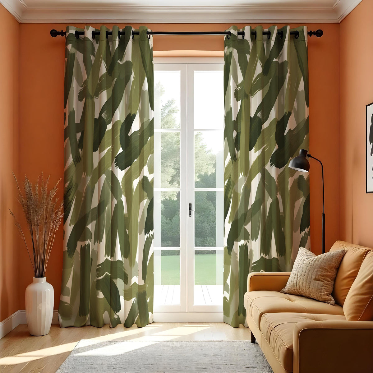 Green Abstract Brushstroke Curtains, Modern Artistic Drapes