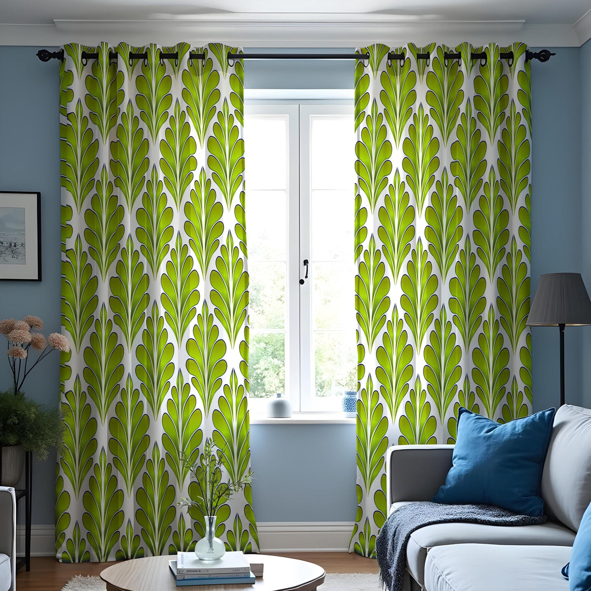 Green Retro Leaf Curtains, Modern Botanical Custom Drapes