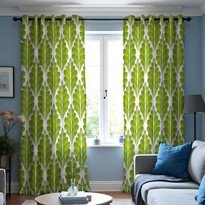 Green Retro Leaf Curtains, Modern Botanical Custom Drapes