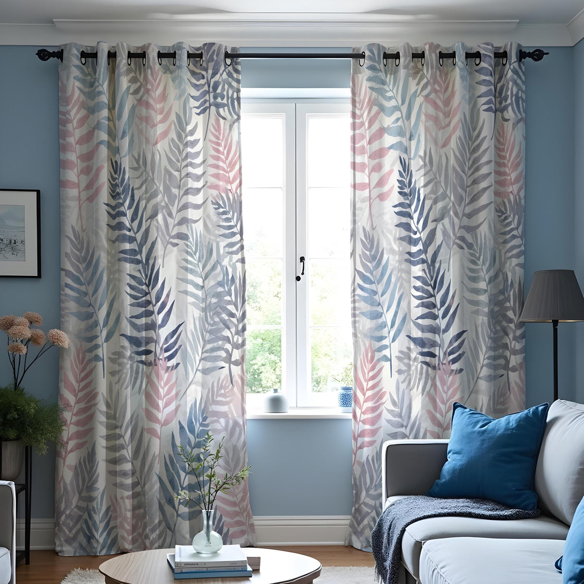 Pastel Fern Curtains, Soft Botanical Leaf Print Drapes