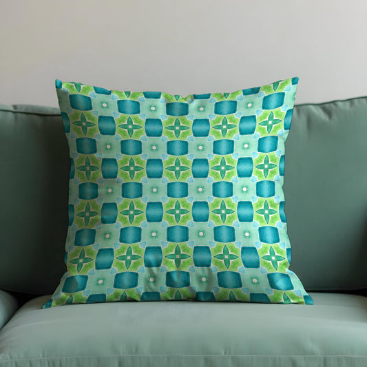 Retro Blue Green Cushion Cover, Mid Century Modern Tile Pillow Cover