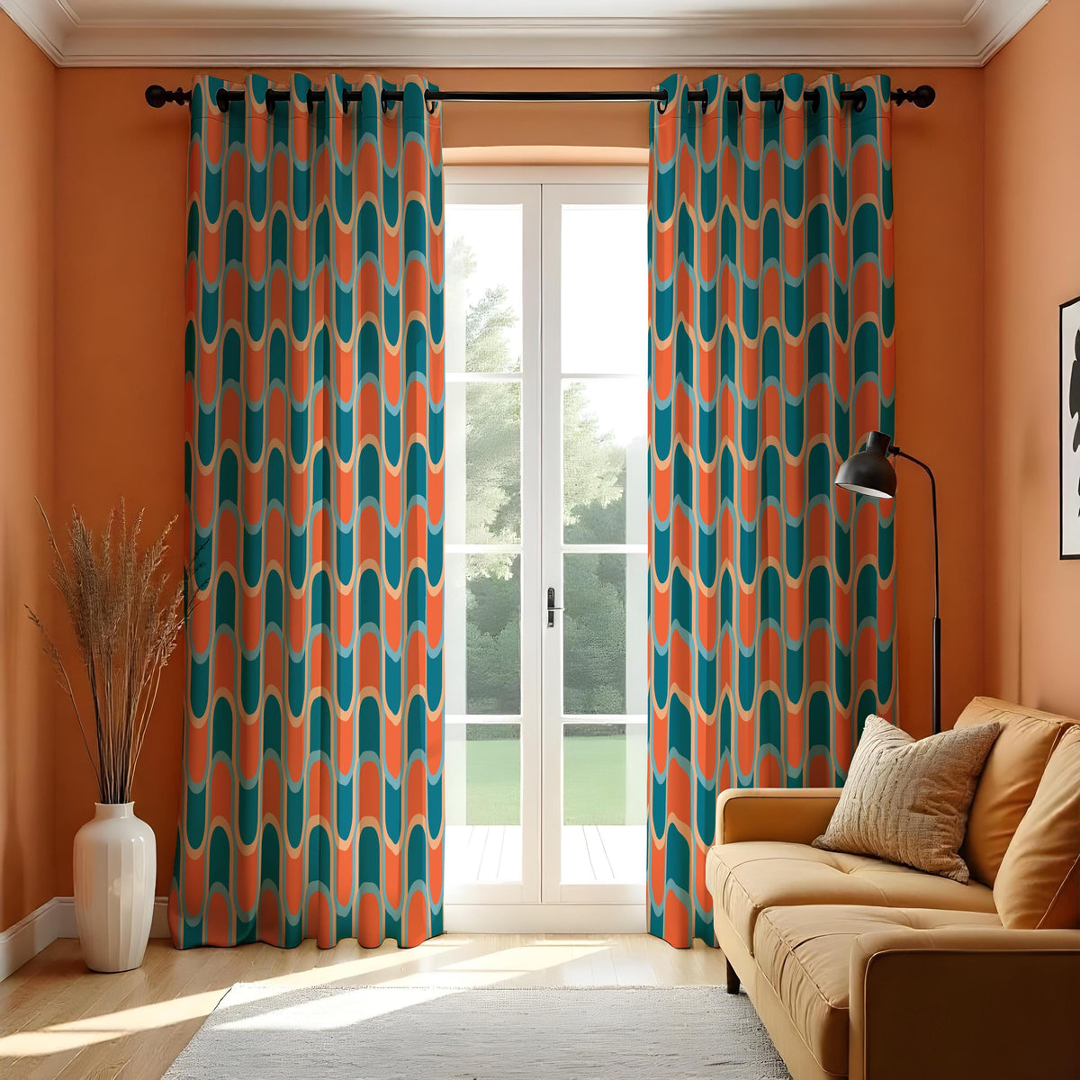 Orange and Teal Retro Wave Curtains, 70s Geometric Drapes