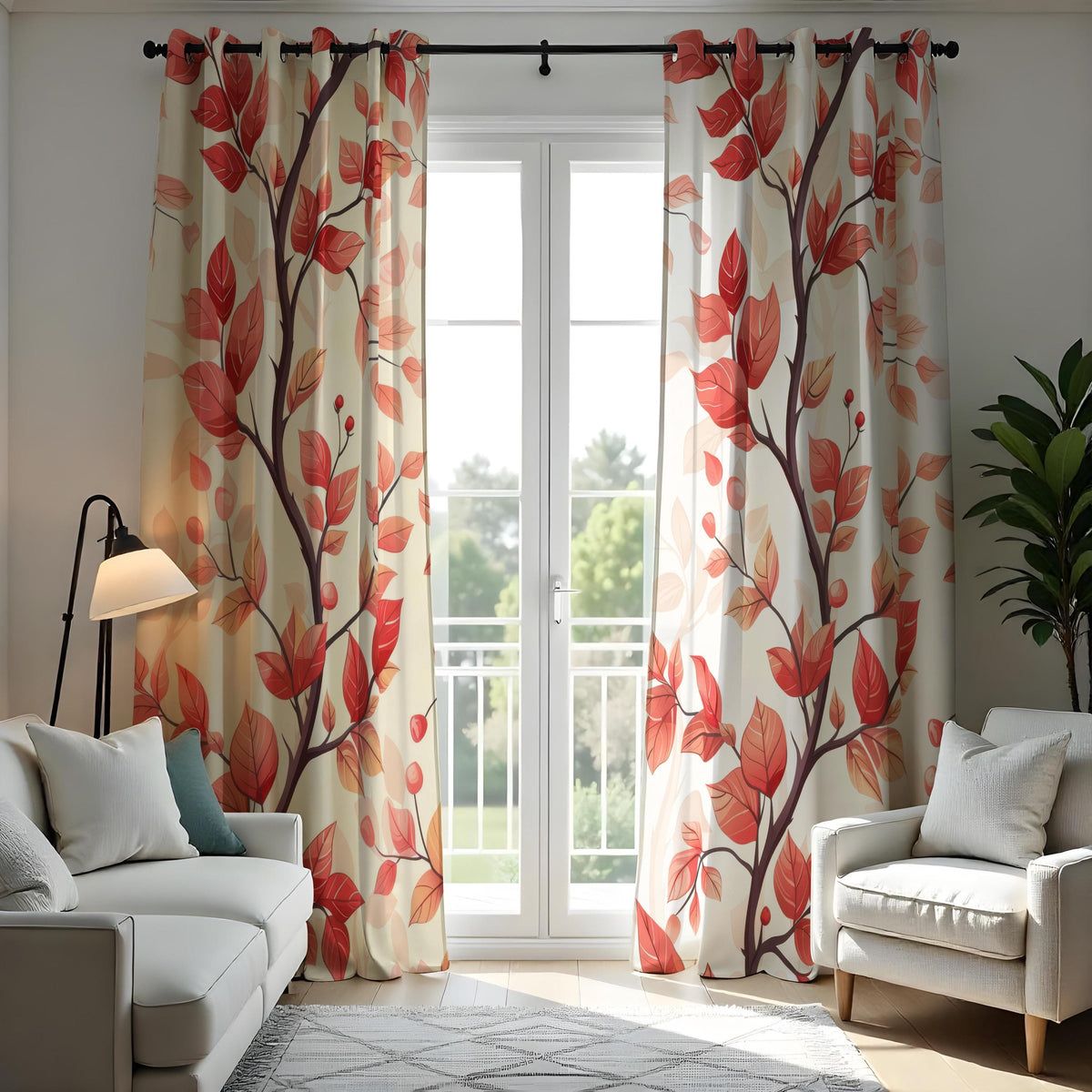 Red Autumn Leaf Curtains, Warm Fall Botanical Drapes