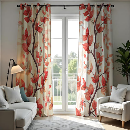 Red Autumn Leaf Curtains, Warm Fall Botanical Drapes