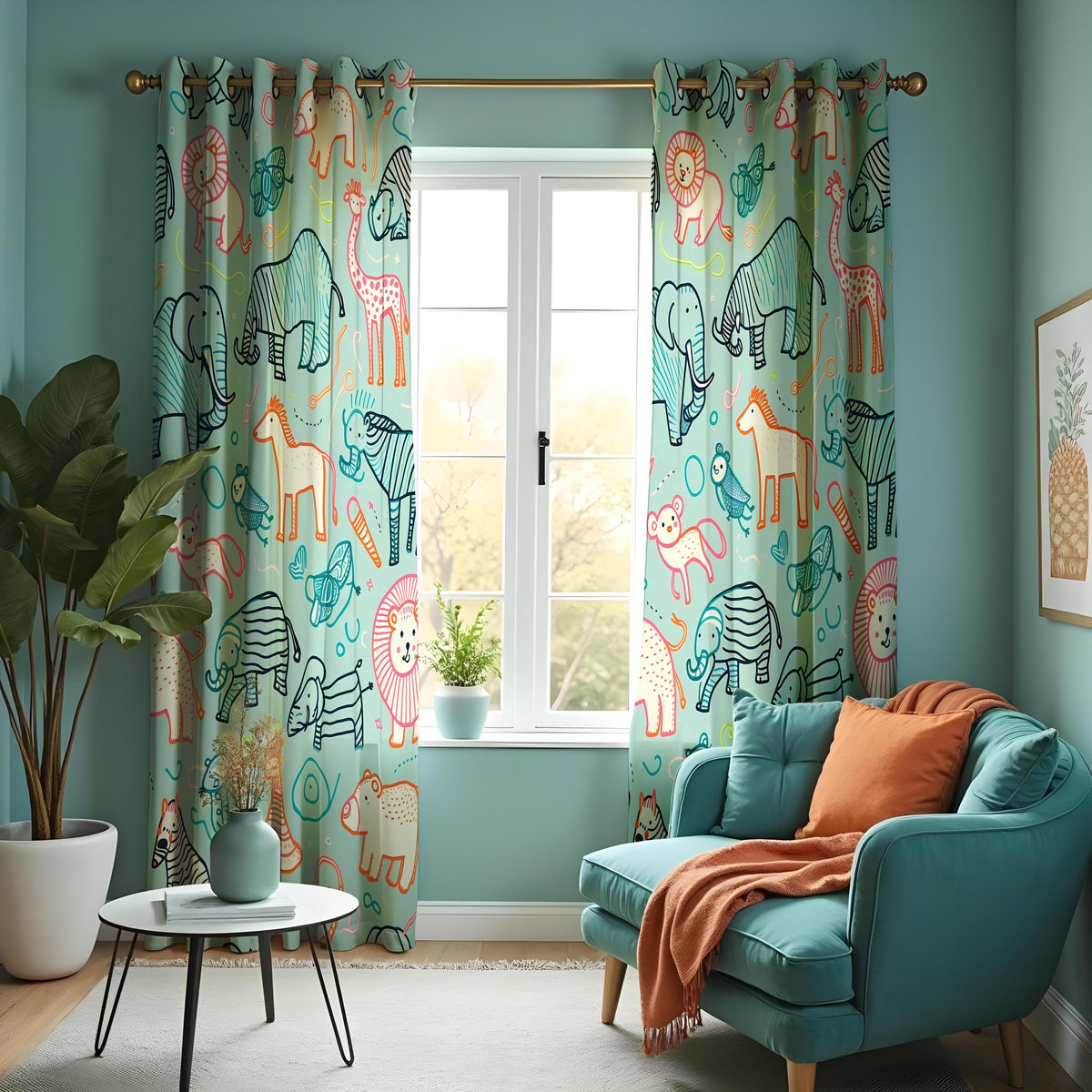 Colorful Safari Animal Kids Curtains, Jungle Nursery Drapes
