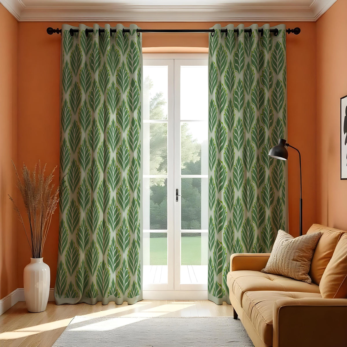 Green Leaf Pattern Curtains, Modern Botanical Custom Drapes