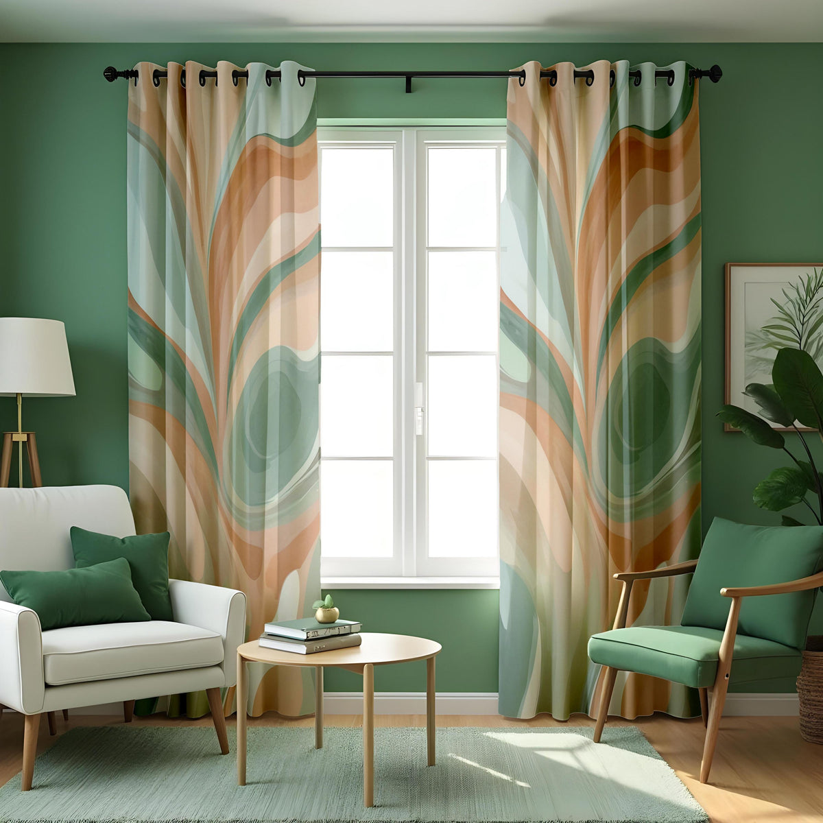 Earth Tone Retro Swirl Curtains, Marble Pattern Drapes