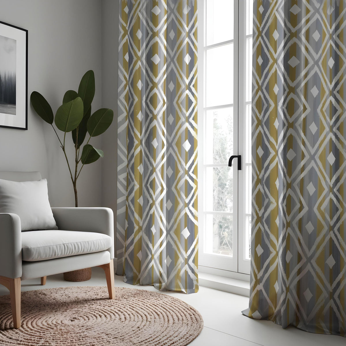 Grey Mustard Geometric Curtains, Abstract Pattern Drapes