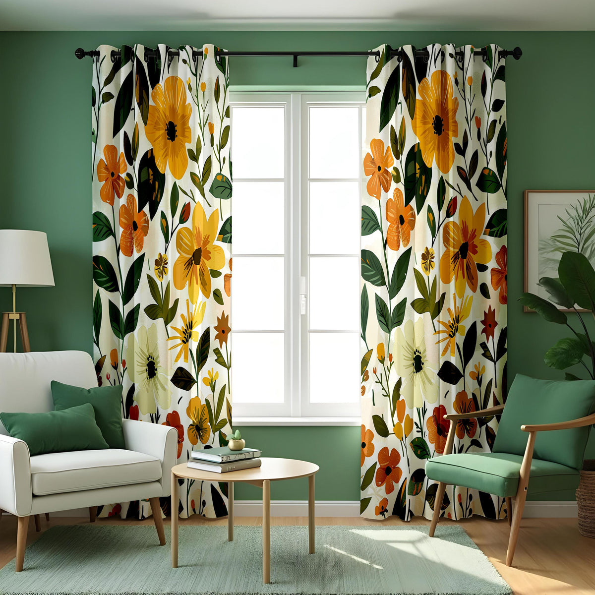 Yellow Floral Print Curtains, Summer Botanical Drapes