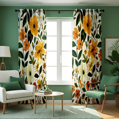 Yellow Floral Print Curtains, Summer Botanical Drapes