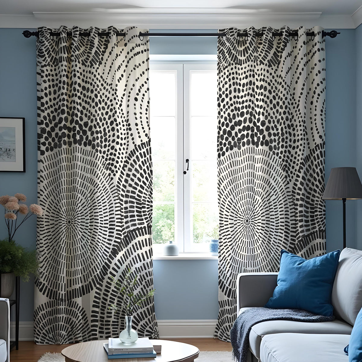 Black and White Circle Curtains, Monochrome Abstract Drapes