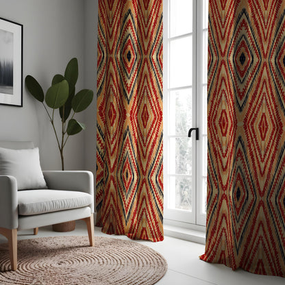 Red Beige Boho Ikat Curtains, Tribal Diamond Window Drapes