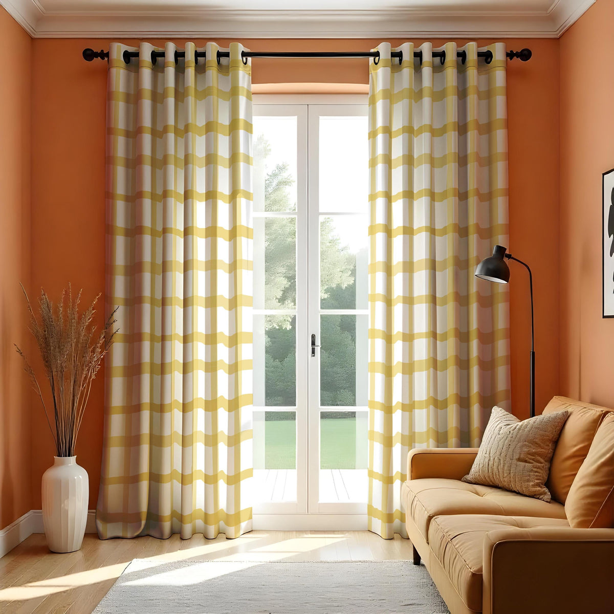 Yellow Wavy Checkered Curtains, Retro Mid Century Drapes