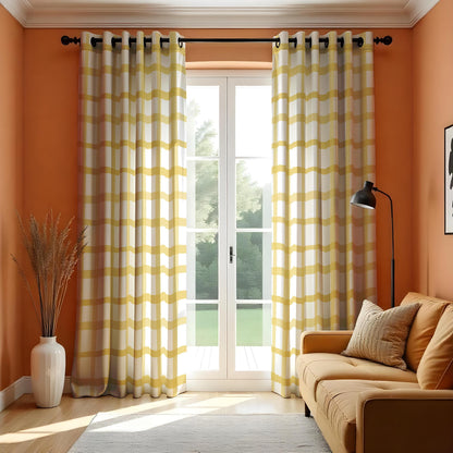 Yellow Wavy Checkered Curtains, Retro Mid Century Drapes