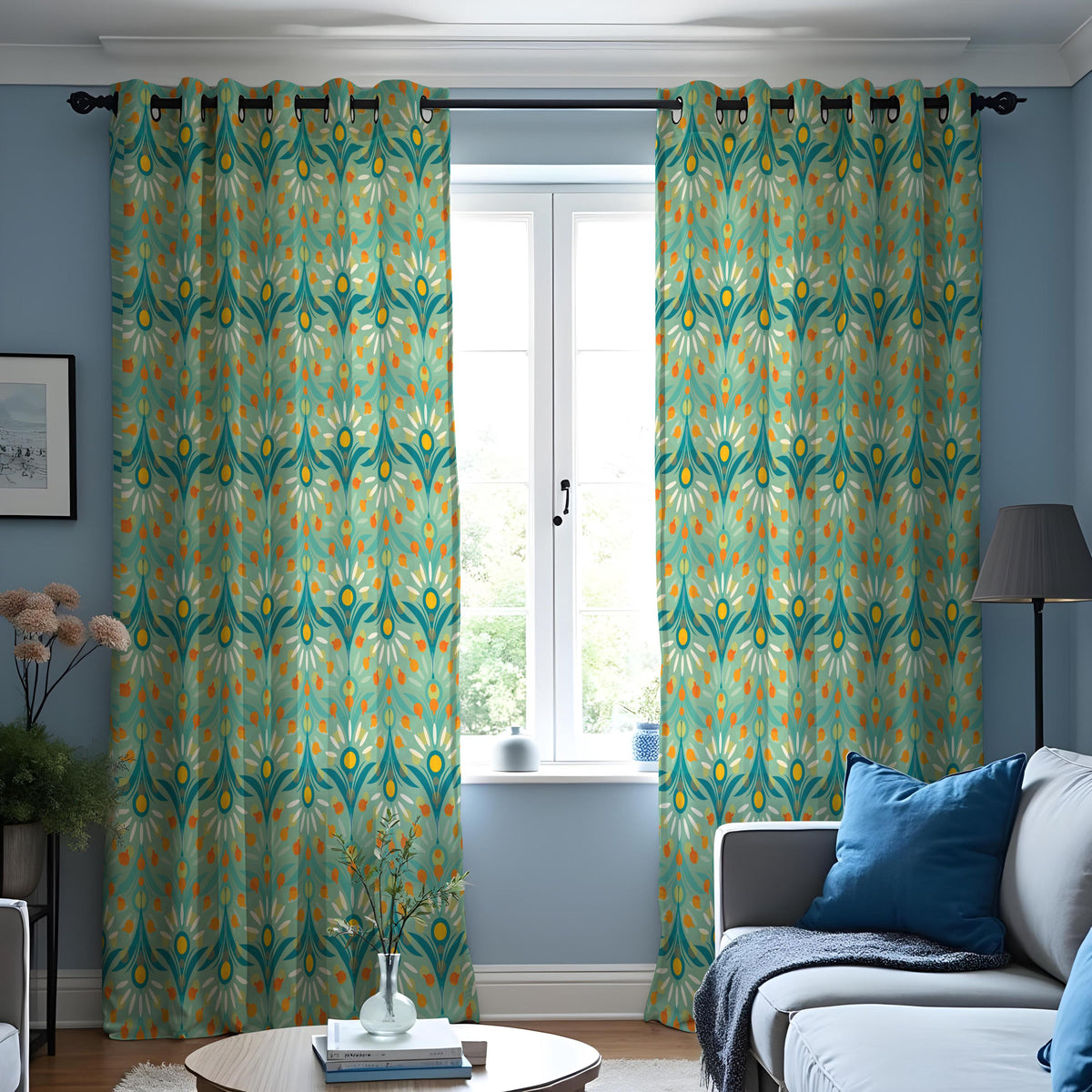 Teal & Orange Retro Leaf Curtains, Mid Century Drapes