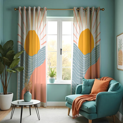 Boho Sunrise Landscape Curtains, Abstract Sun & Wave Drapes