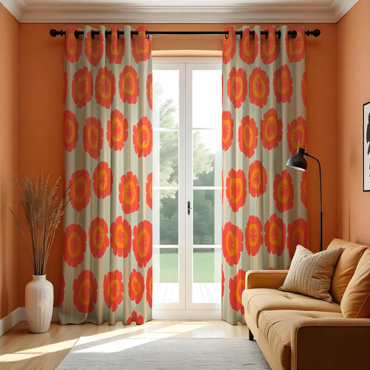 Retro Orange Flower Curtains, Scandinavian Floral Drapes