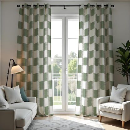 Green & Cream Geometric Block Curtains, Modern Drapes
