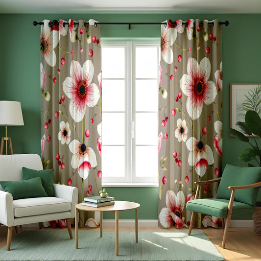 Taupe Floral Curtains, Big White & Pink Flower Drapes