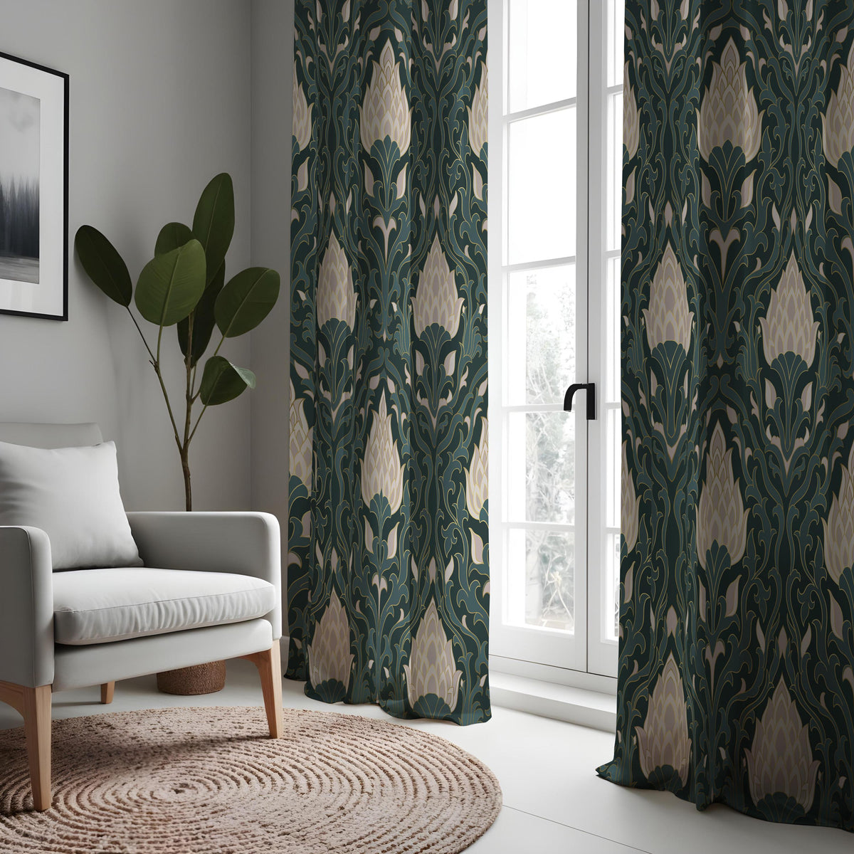 Dark Green Art Deco Curtains, Cream Floral Botanical Drapes