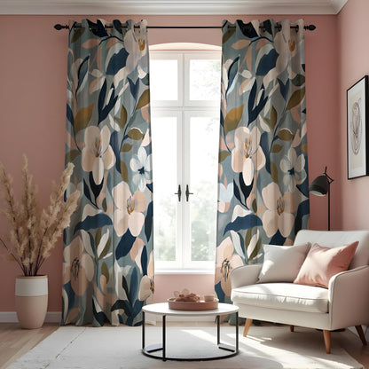 Navy Blue & Beige Floral Curtains, Abstract Leaf Drapes