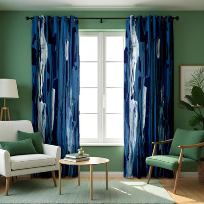 Dark Blue Waterfall Abstract Curtains, Modern Art Drapes