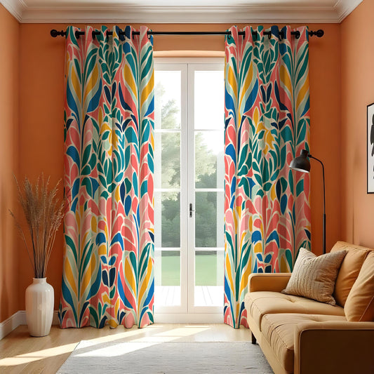 Colorful Abstract Leaf Curtains, Retro Botanical Drapes