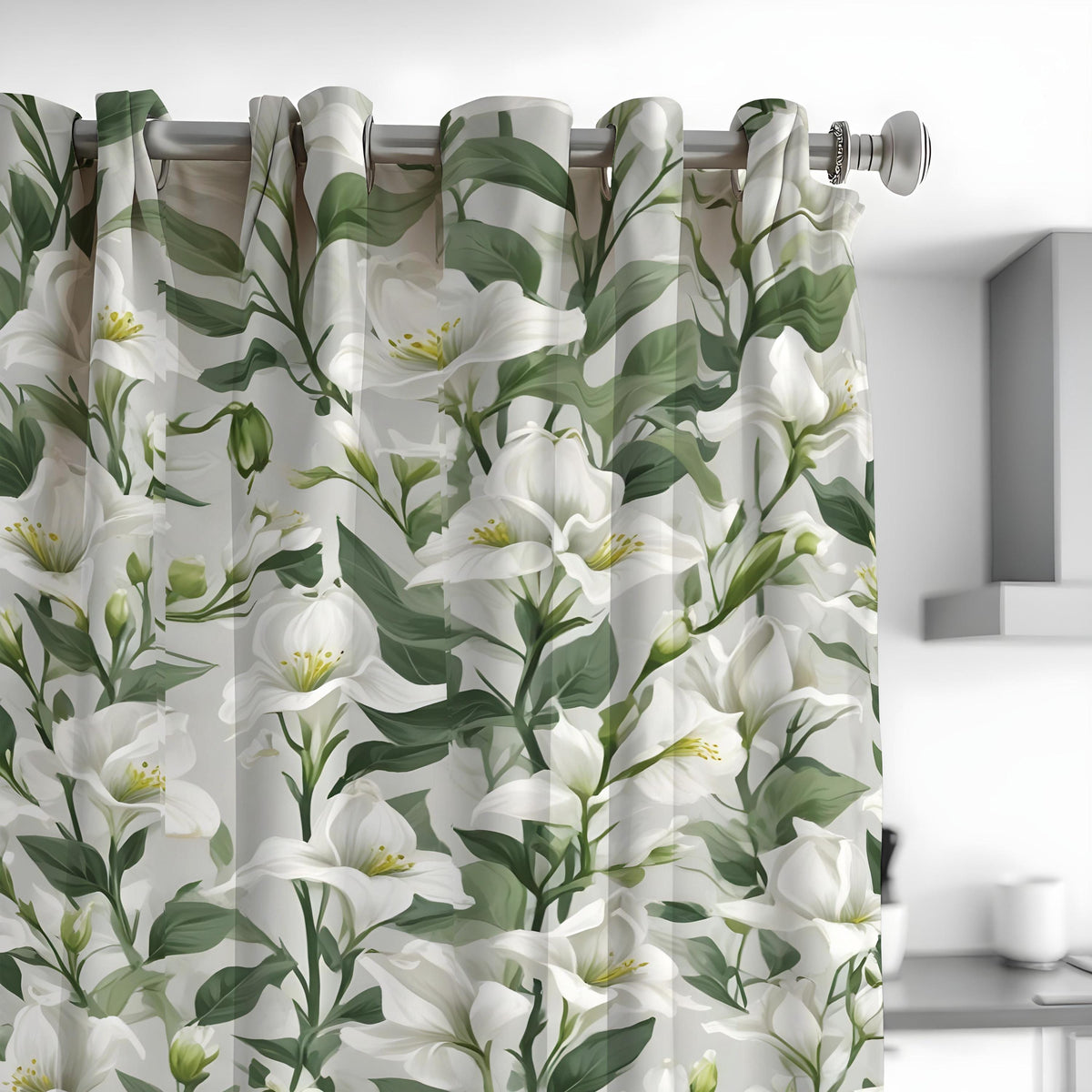 Calla Lily Curtains, White Floral & Green Leaf Drapes