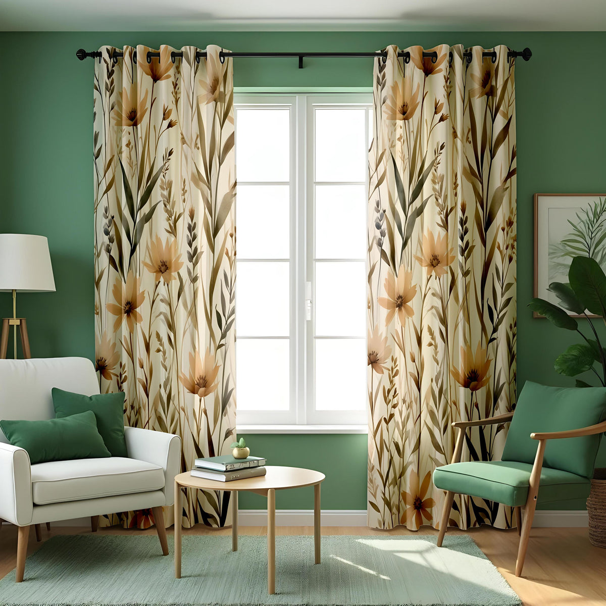 Beige Neutral Floral Curtains, Botanical Pattern Drapes