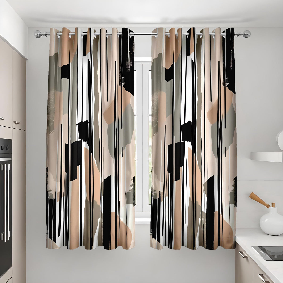 Neutral Abstract Curtains, Beige & Black Minimalist Drapes