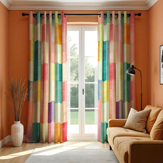 Rainbow Striped Geometric Curtains, Kids Playroom Drapes