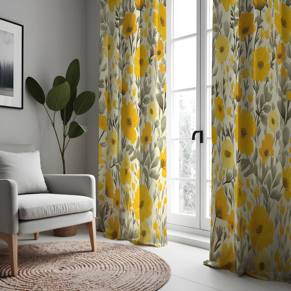Yellow Poppy Floral Curtains, Mustard & Grey Botanical Drapes