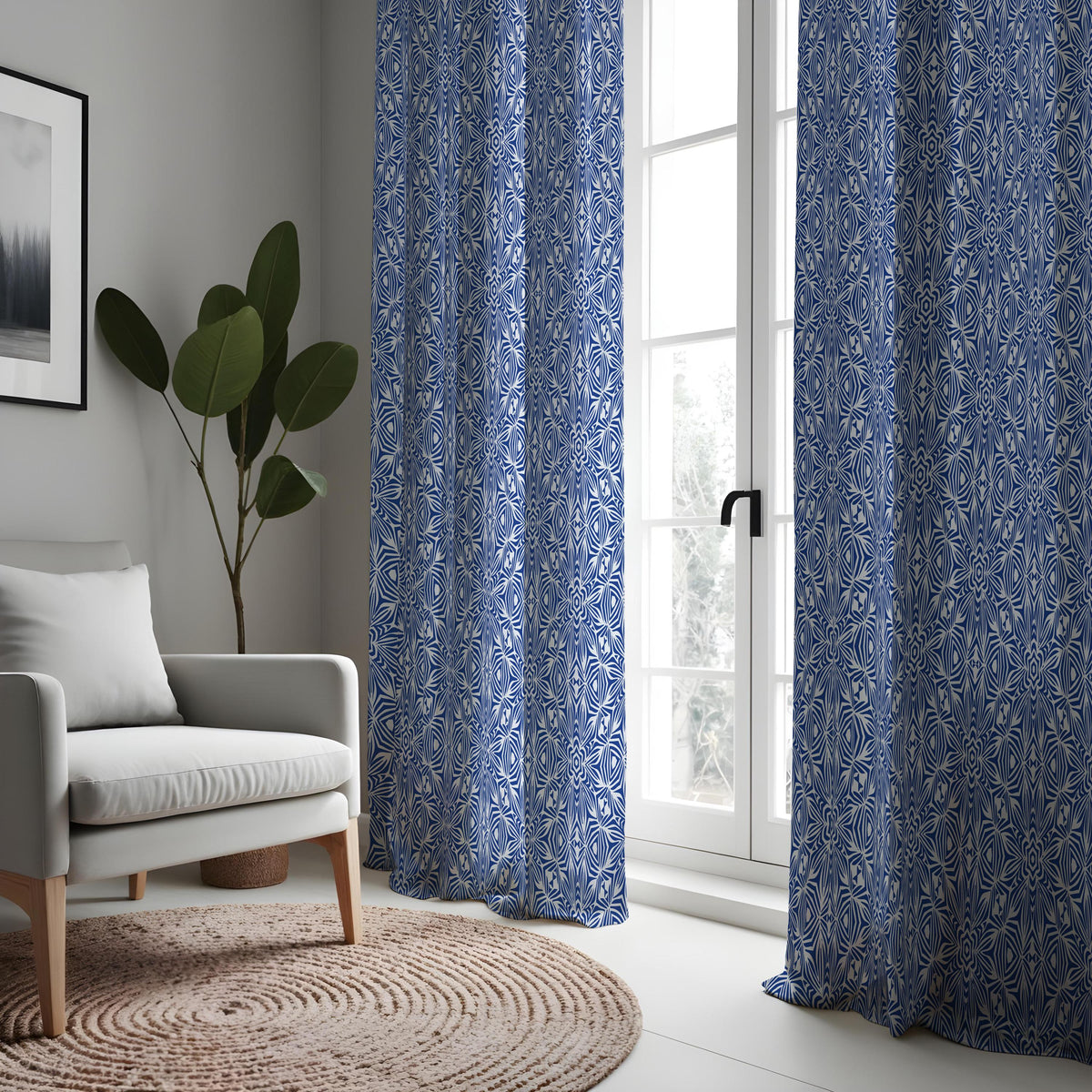 Navy & White Geometric Curtains, Mediterranean Style Drapes