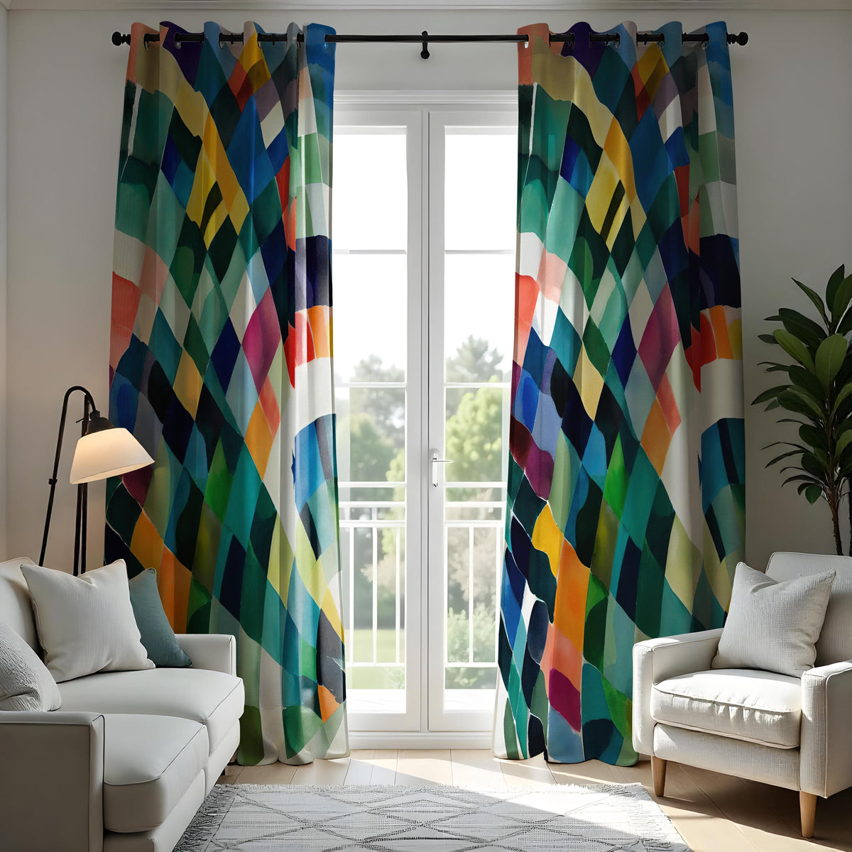Rainbow Geometric Curtains, Colorful Abstract Window Drapes
