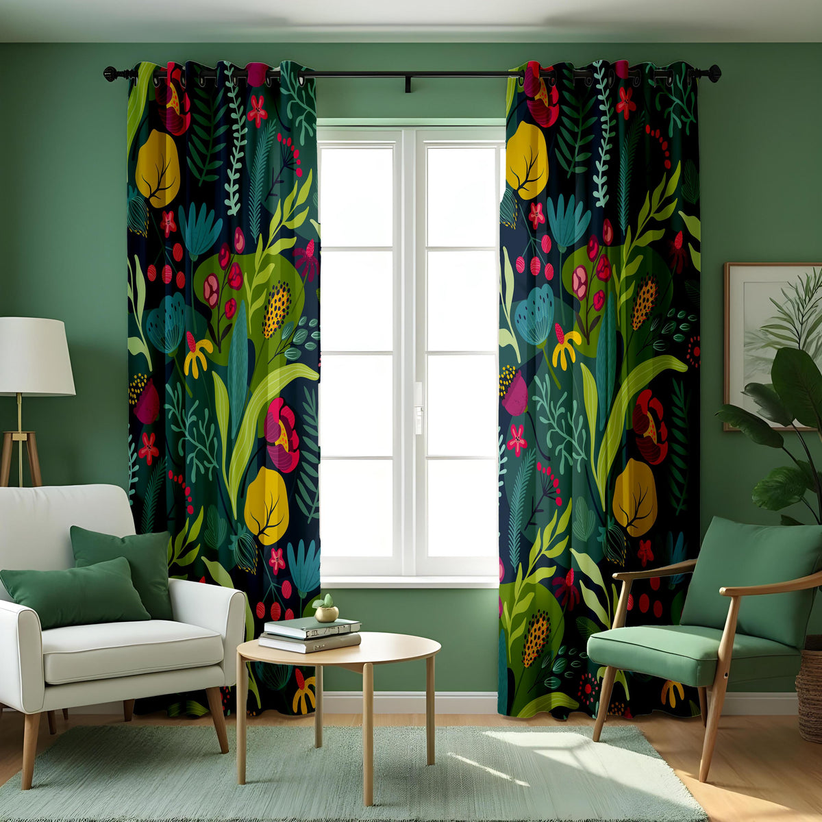 Teal Tropical Botanical Curtains, Jungle Leaf Floral Drapes