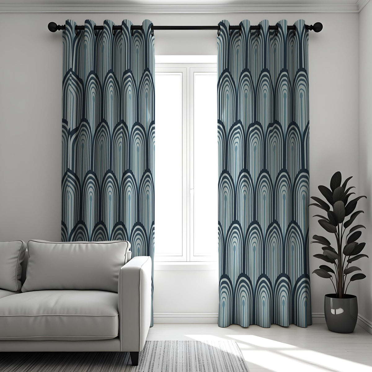 Blue Retro Arch Curtains, Mid Century Geometric Drapes