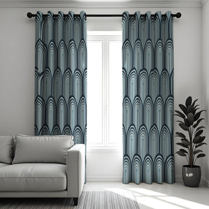 Blue Retro Arch Curtains, Mid Century Geometric Drapes