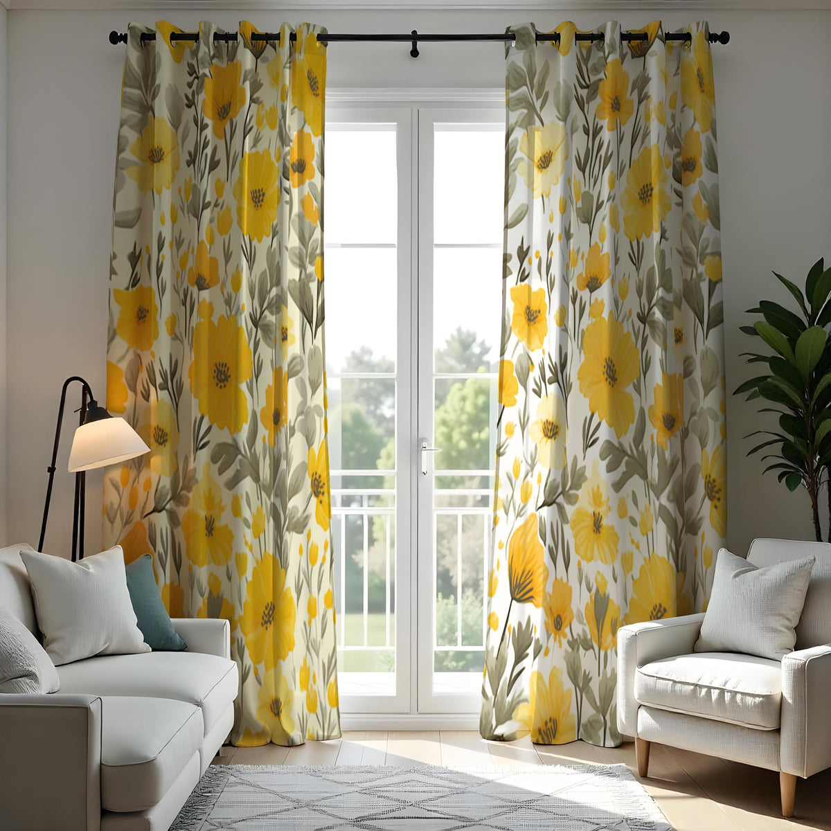 Yellow Poppy Floral Curtains, Mustard & Grey Botanical Drapes