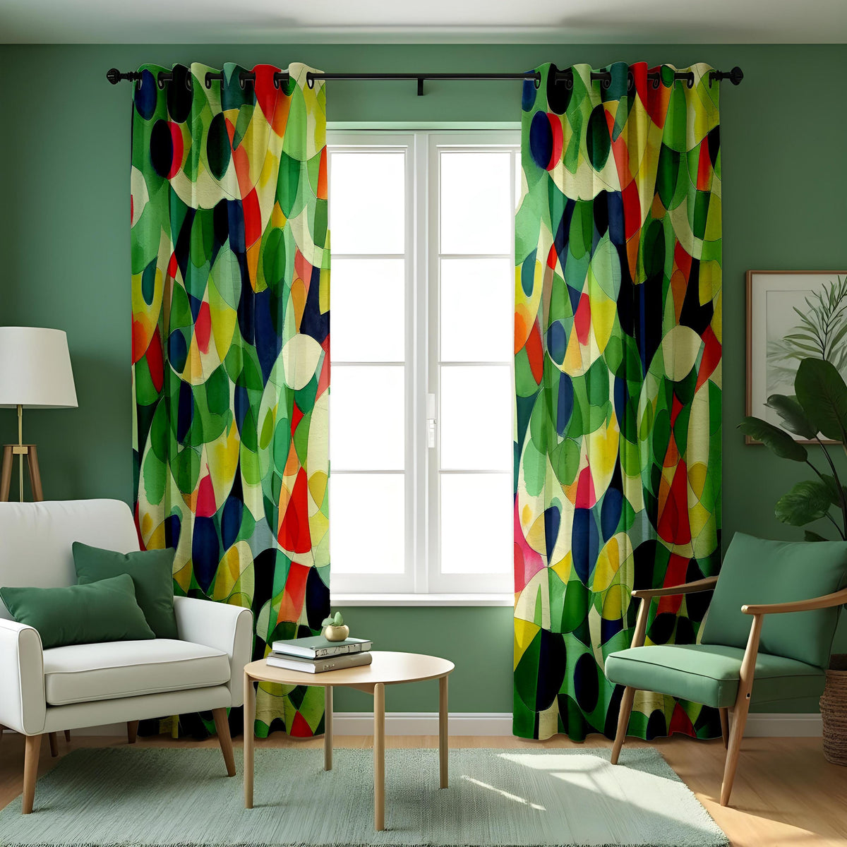 Colorful Geometric Leaf Curtains, Abstract Nature Drapes