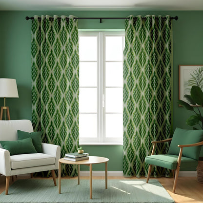 Green Leaf Pattern Curtains, Modern Botanical Custom Drapes
