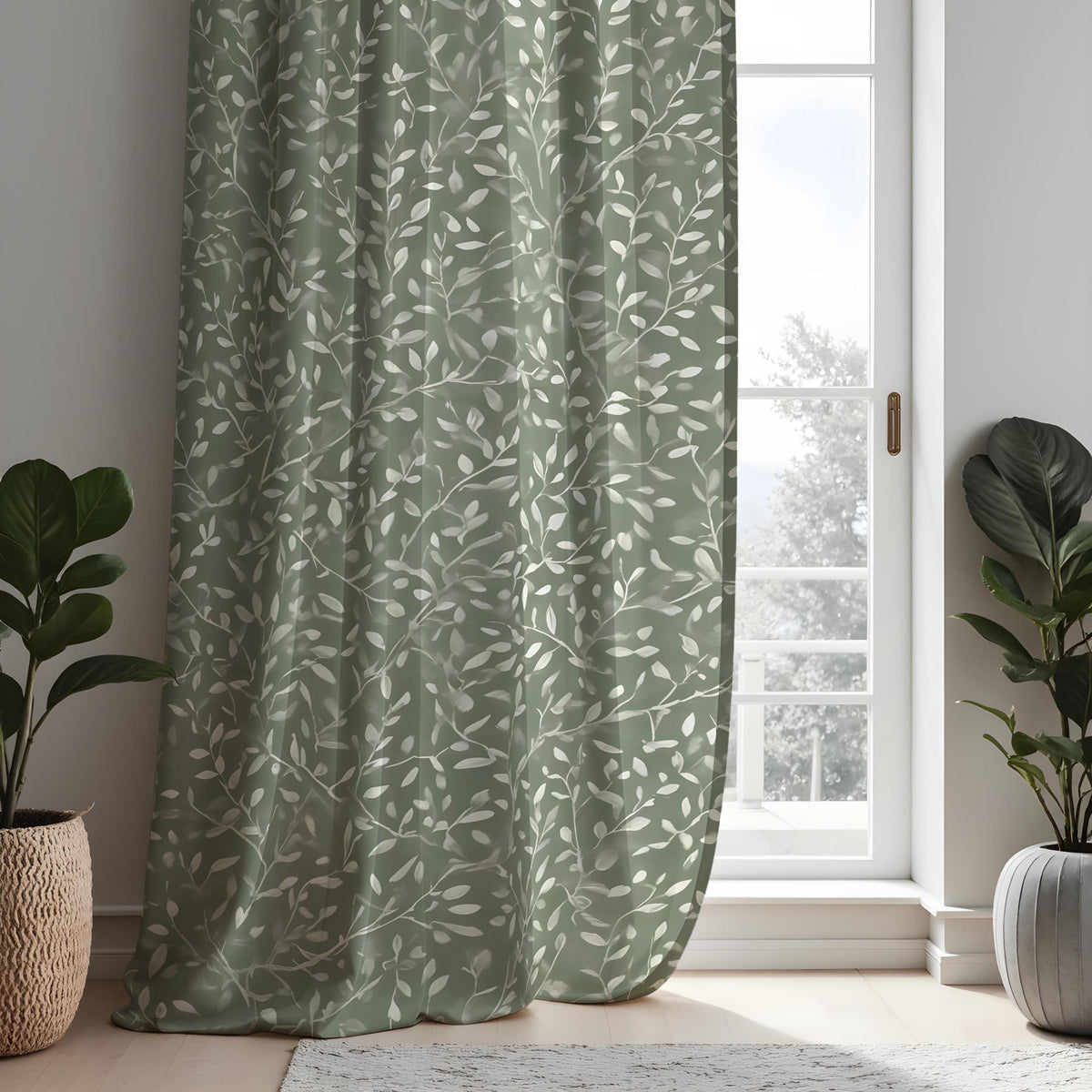 Green Botanical Leaf Print Curtains, Fresh Nature Drapes